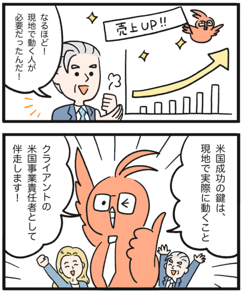 米国市場で売上を伸ばすには現地で継続的に動く人が必要だと気づき、タゲリ君が米国事業責任者として伴走する様子を描いた漫画